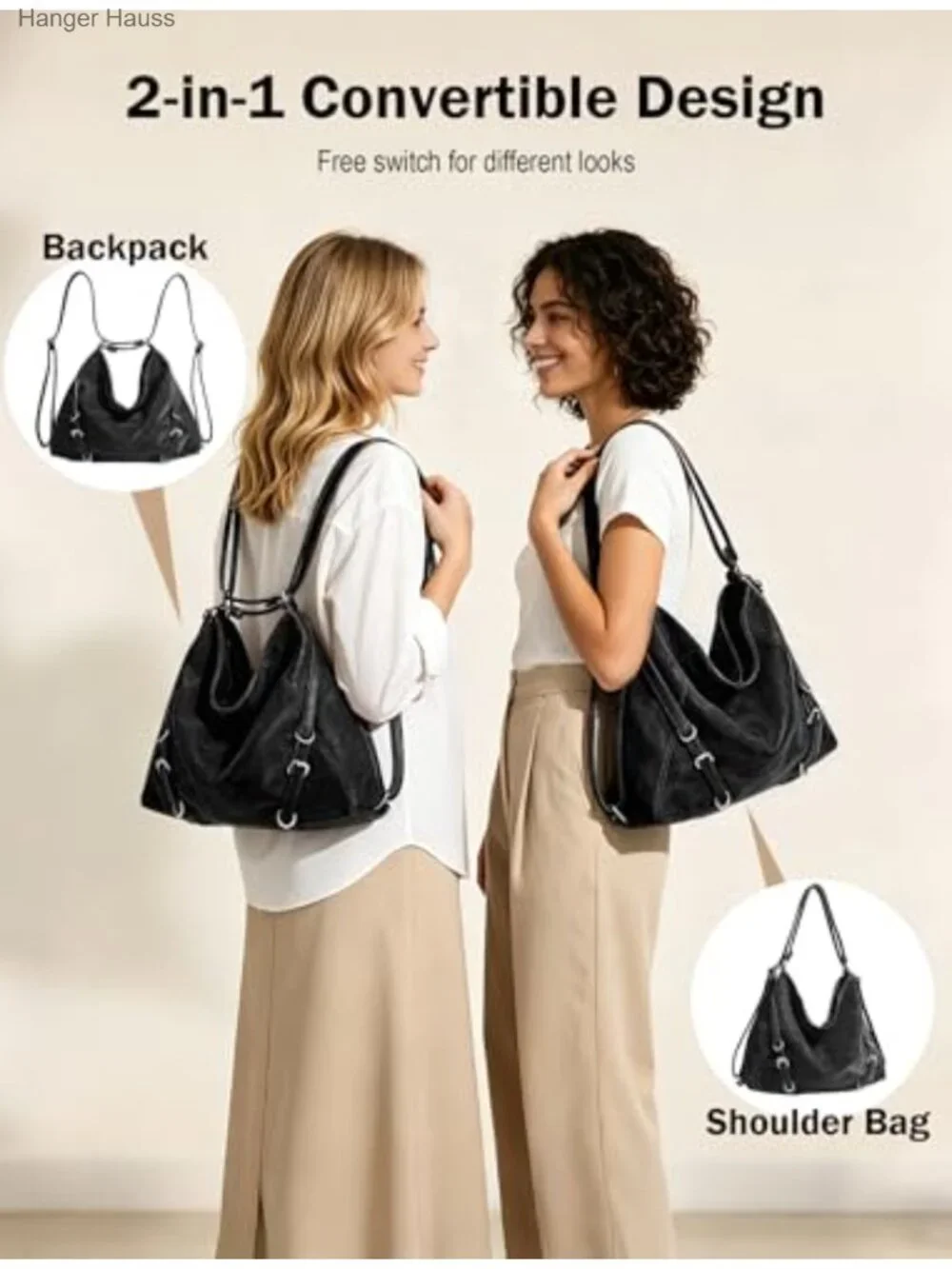 3-Way Convertible Hobo Bag for Women Soft Faux Leather Shoulder Backpack Tote